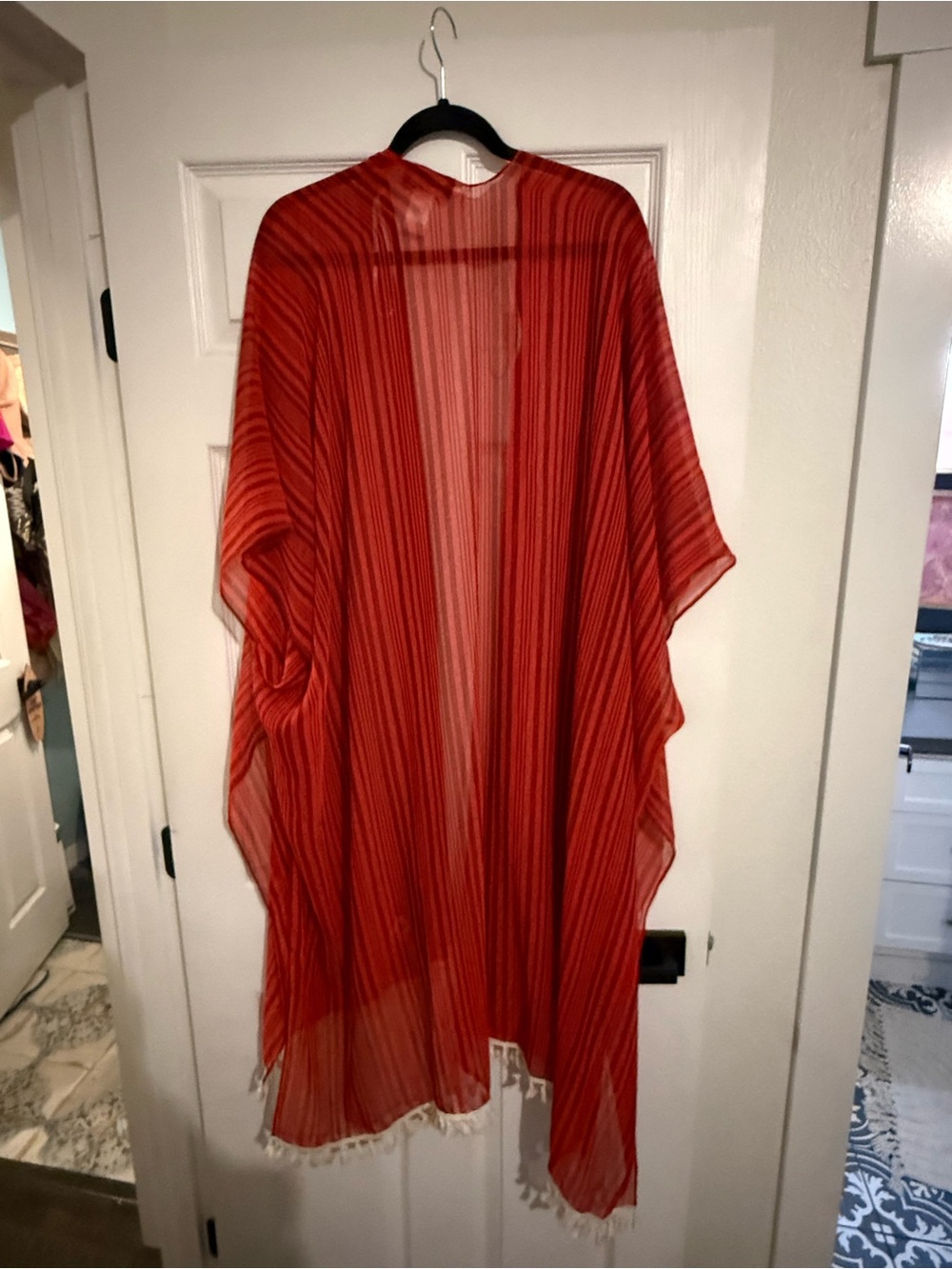 Aakaa Red Striped Sheer Kimono Cover